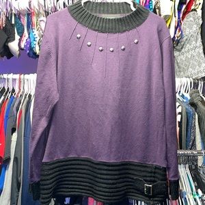 La Madona Purple Grey Designer sweater very soft design around front beads sz Lg